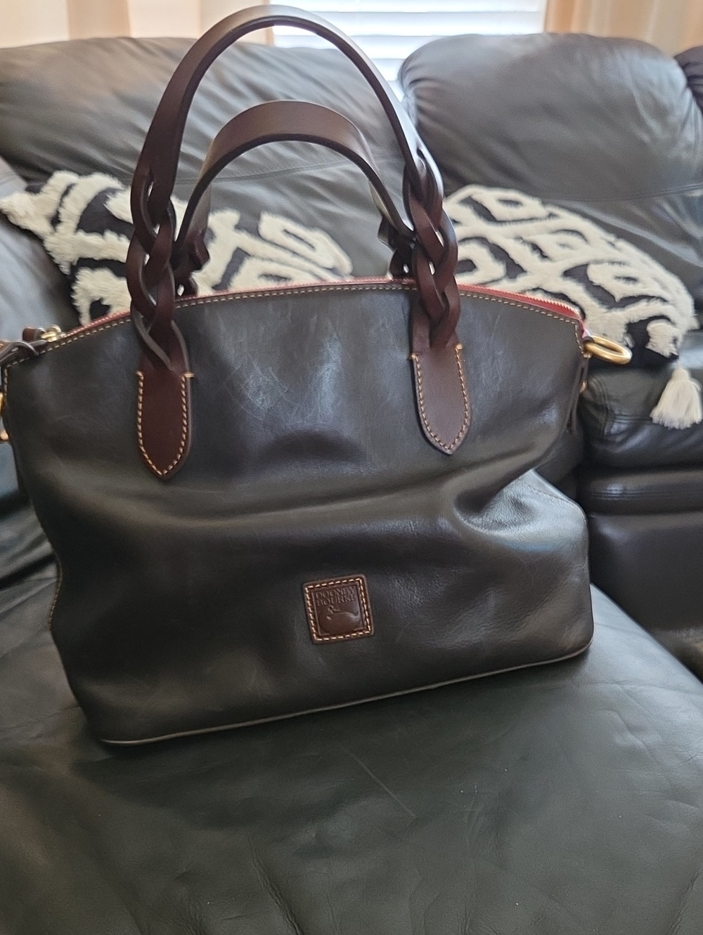 Leather Tote Bag in Dark Blue with Dark Brown Braided Handles.